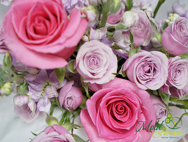 White box with stock, spray roses, and roses photo